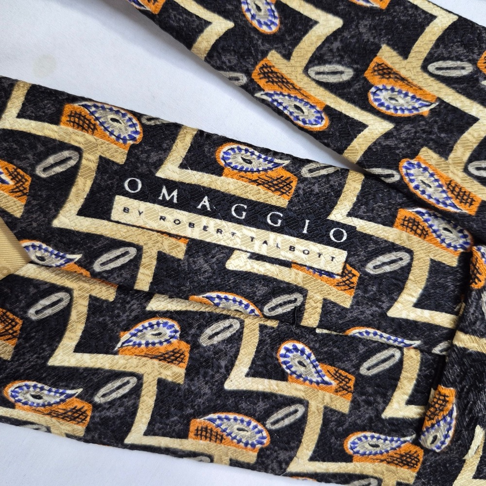 Omaggio by Robert Talbott Tie Mens Black Gold Paisley Geometric Silk Italy - Picture 2 of 7